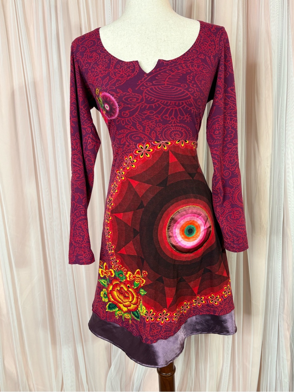 Desigual M Burgundy Patchwork Floral Rhinestone Long Sleeve Dress Y2K Boho